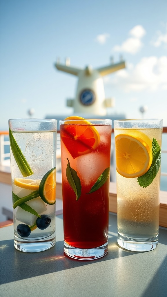 Three colorful low-calorie beverages on a cruise ship deck.