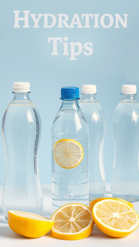 Bottled water with lemon slices and a blue background