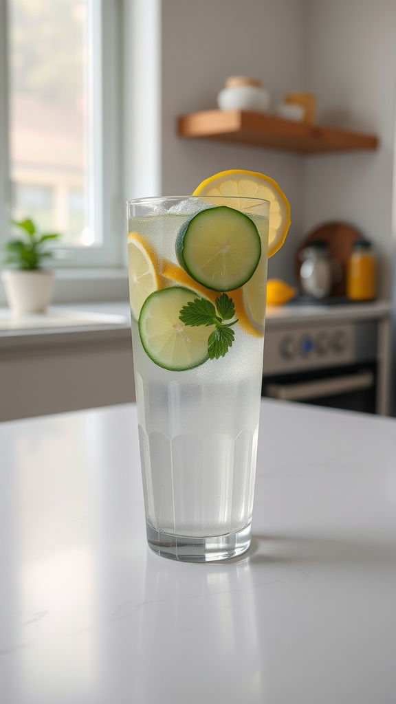 A tall glass of infused water with lemon and cucumber slices