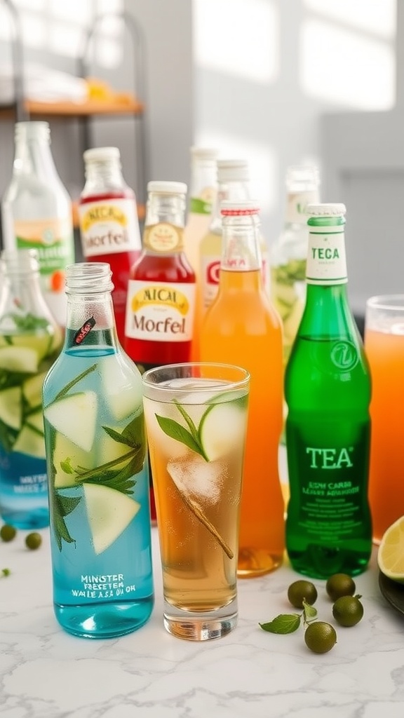 A variety of low-carb beverages including bottled water, iced tea, and drinks with lemon slices on a table.
