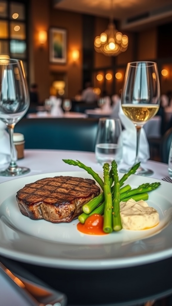 A plate featuring a grilled steak, asparagus, and dipping sauces in a luxurious restaurant setting.