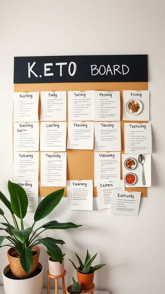 A vision board for keto meal planning with charts and reminders.