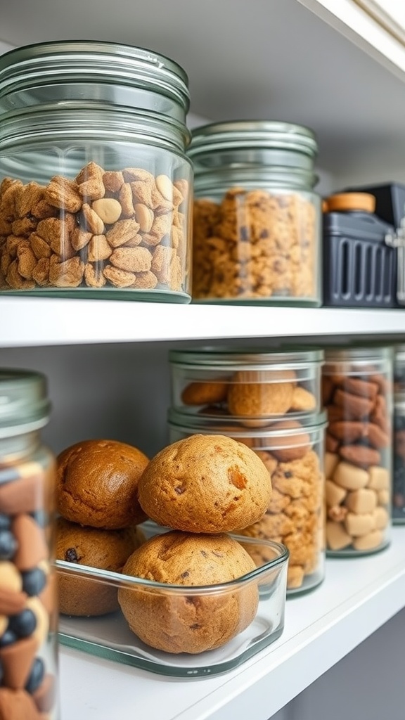 A variety of baked goods stored in glass jars on a shelf.