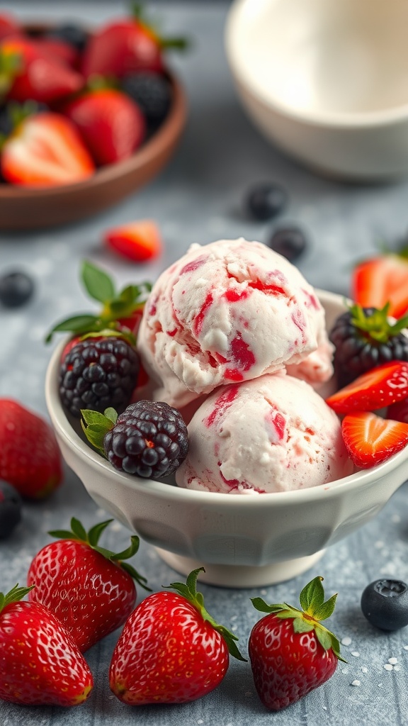 A bowl of strawberry almond coconut ice cream with fresh strawberries and blackberries around it.