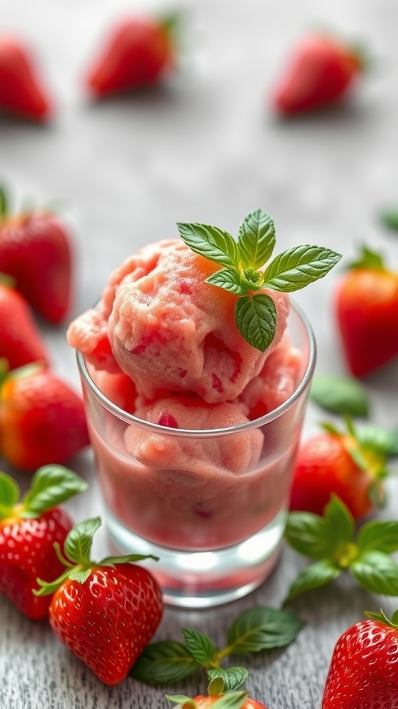 A glass of strawberry basil sorbet surrounded by fresh strawberries and basil leaves.