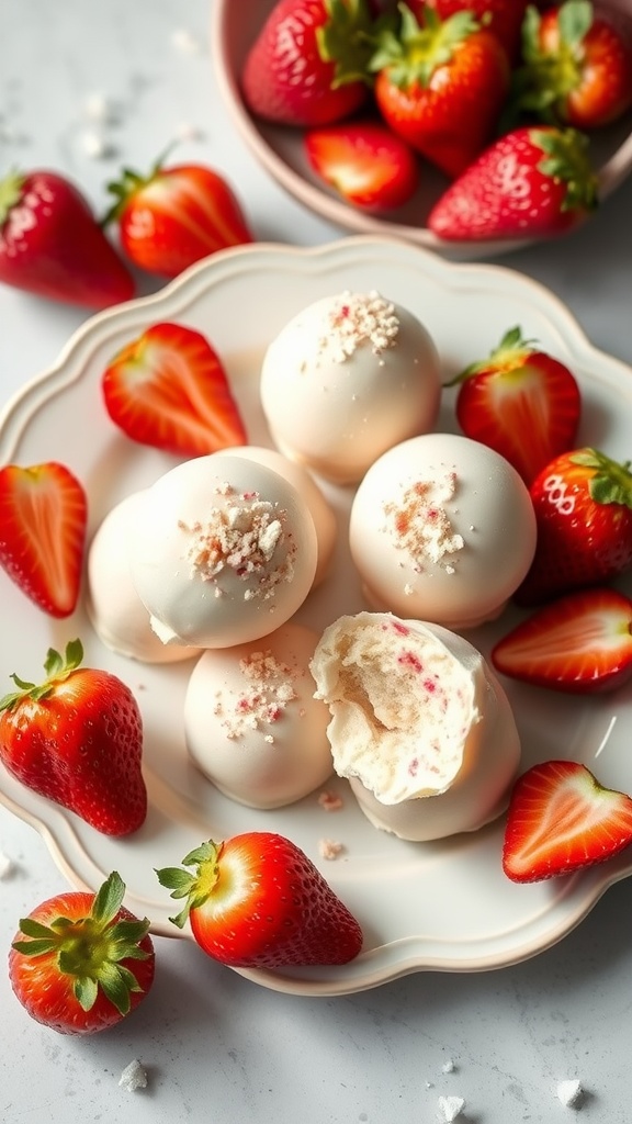 A plate of strawberry cheesecake fat bombs surrounded by fresh strawberries.