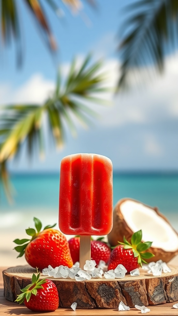 Strawberry coconut popsicle on a wooden platter with fresh strawberries and coconut slices