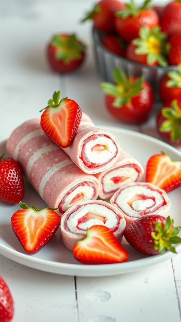 Strawberry cream cheese roll-ups on a plate with fresh strawberries