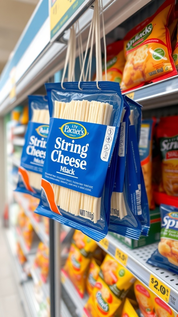 A display of string cheese packages in a convenience store.