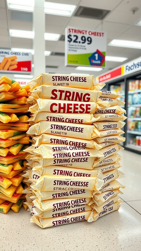 A display of string cheese packages in a gas station.