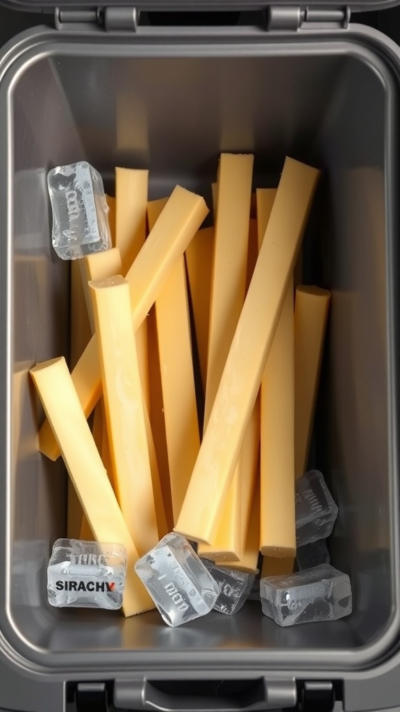 A container filled with string cheese sticks and ice packs for freshness.