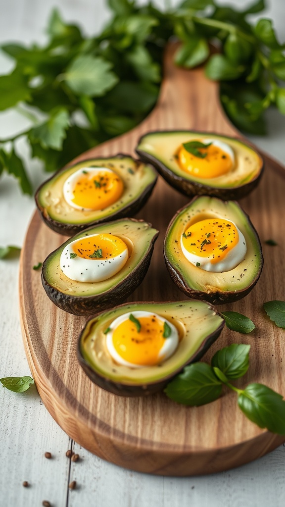 Four stuffed avocado halves on a wooden board, topped with eggs and herbs.