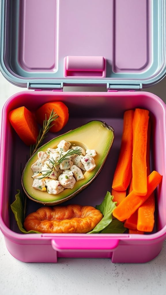 A lunch box featuring a stuffed avocado with tuna salad, carrot sticks, and a small pastry.