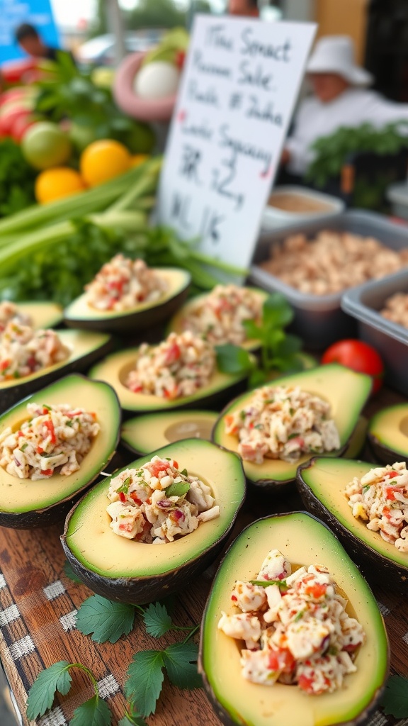 Avocados stuffed with tuna salad on a wooden table