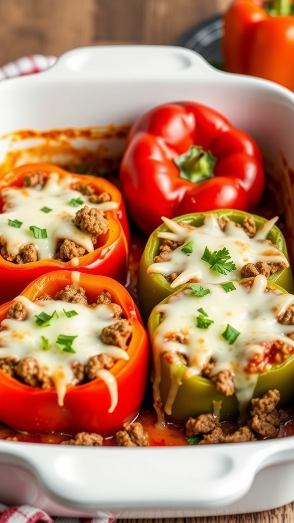 A delicious stuffed bell pepper casserole with red and green peppers filled with meat and topped with cheese.