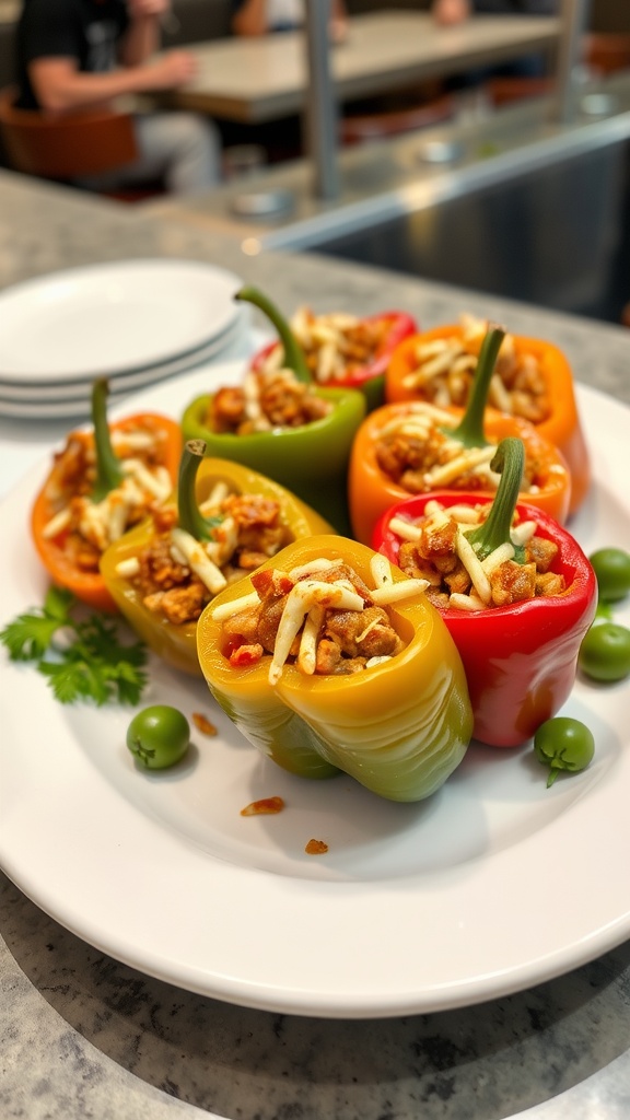 Colorful stuffed bell peppers filled with a mixture on a white plate.