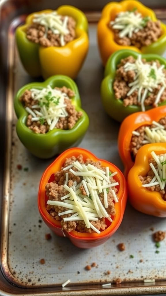 A tray of stuffed bell peppers filled with ground meat and topped with cheese.