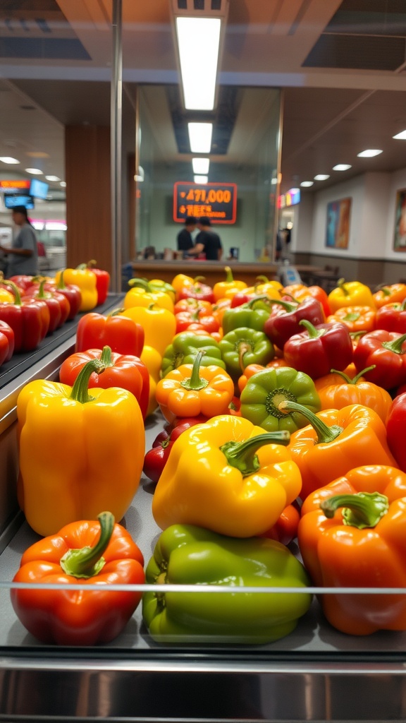 Colorful bell peppers arranged on a display