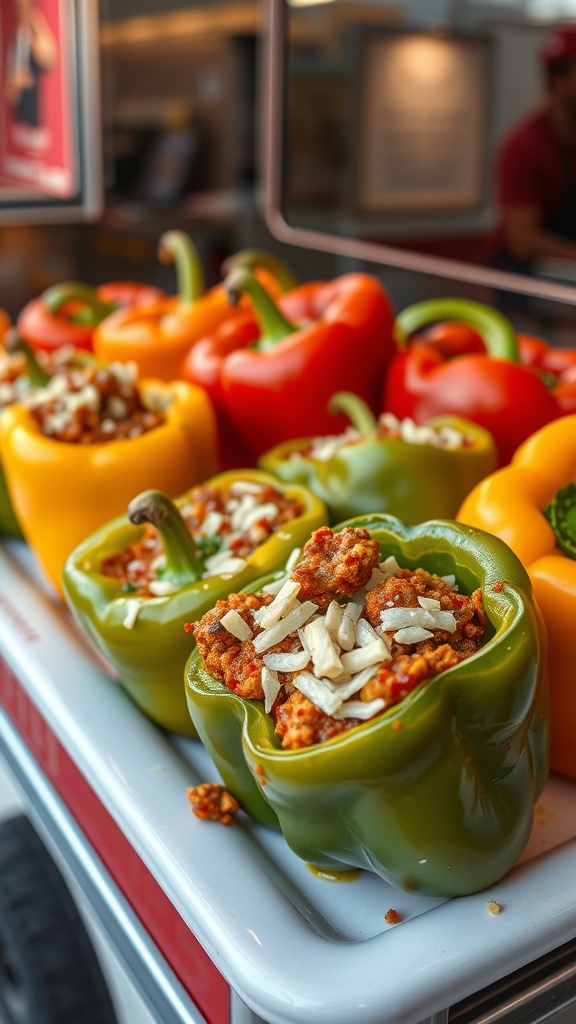 A tray of stuffed bell peppers with ground meat and cheese.