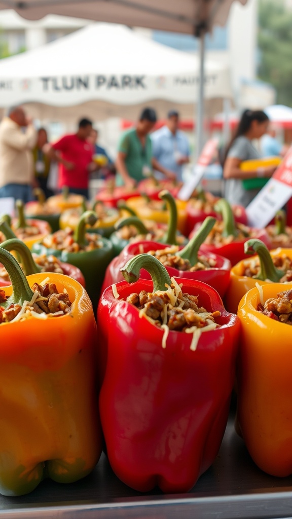 A display of colorful stuffed bell peppers at a street festival