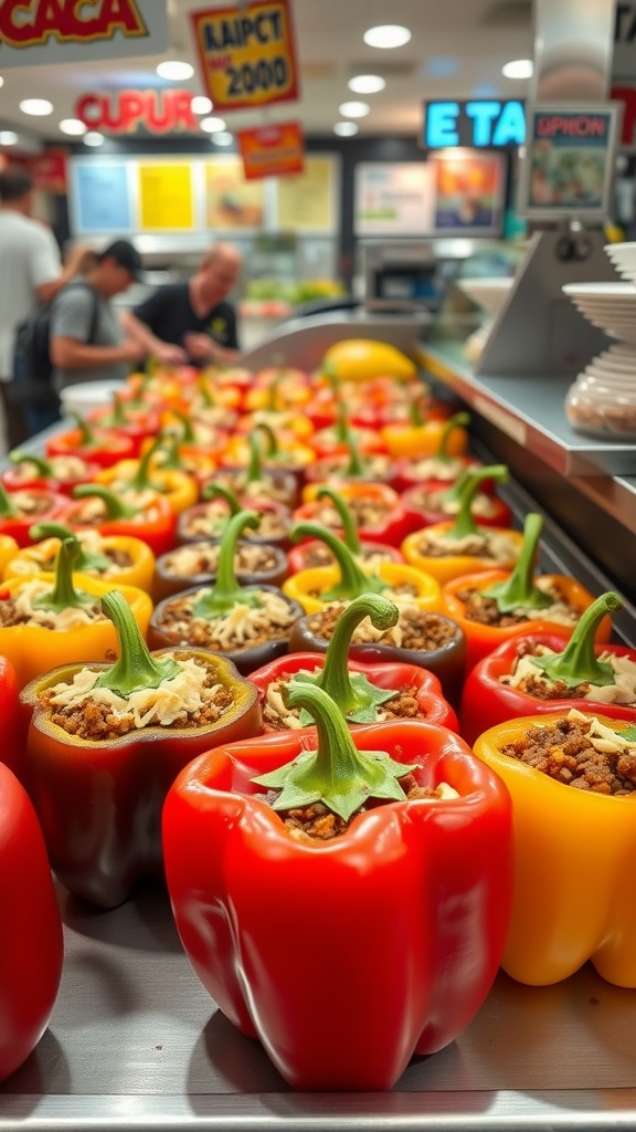 A variety of stuffed bell peppers in a food court display.