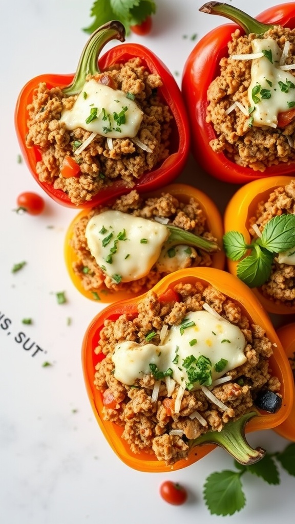 Colorful stuffed bell peppers filled with ground meat and topped with cheese.