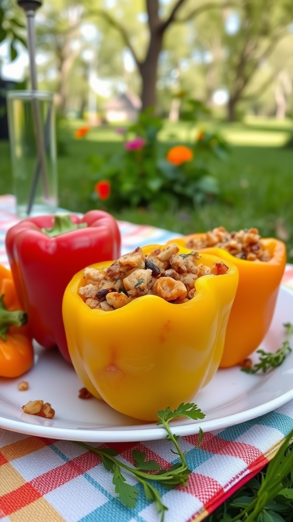 Plate of stuffed bell peppers in a picnic setting