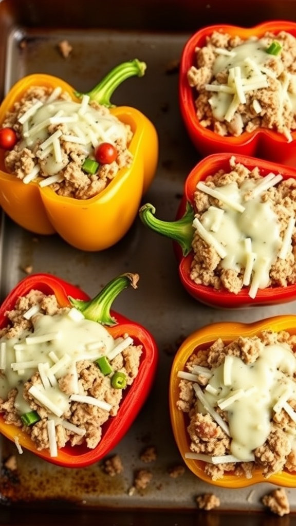 Colorful stuffed bell peppers filled with ground meat and cheese.