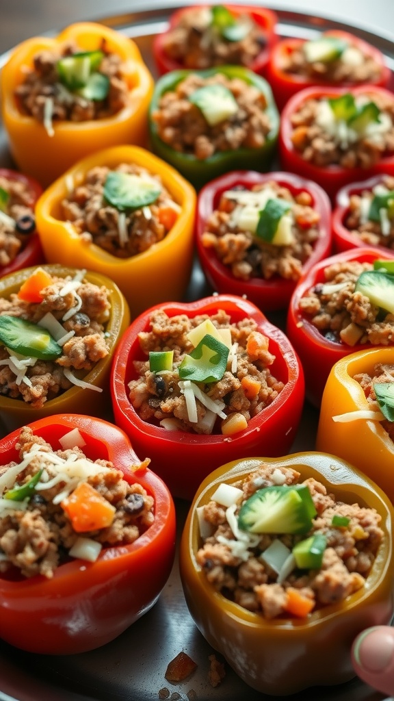 A tray of colorful stuffed bell peppers filled with meat and vegetables.