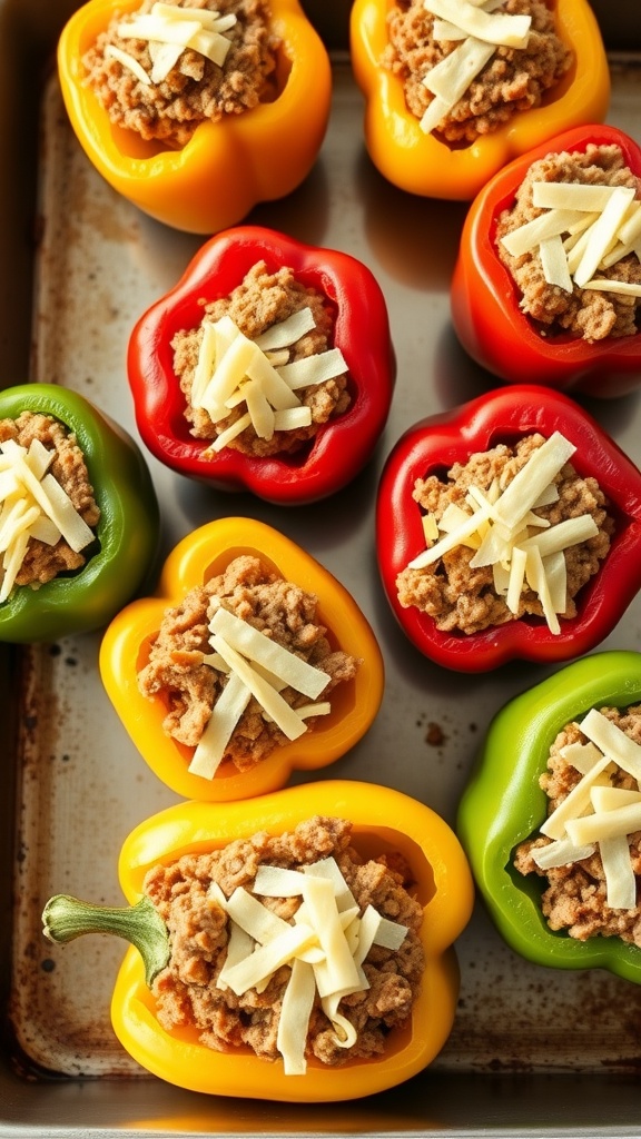 Colorful stuffed bell peppers filled with ground meat and topped with cheese.