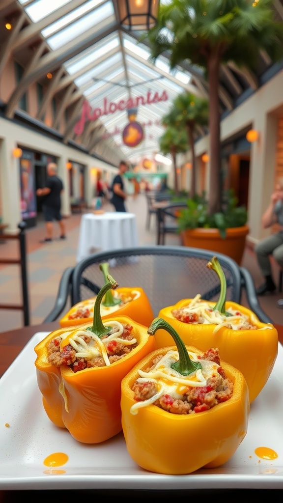 Stuffed yellow bell peppers filled with a savory mixture, served on a plate at Disney Springs.