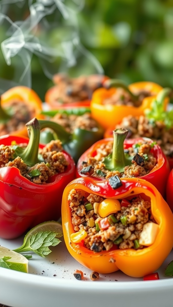 Grilled stuffed bell peppers filled with a savory mixture, surrounded by fresh herbs and slices of lime.