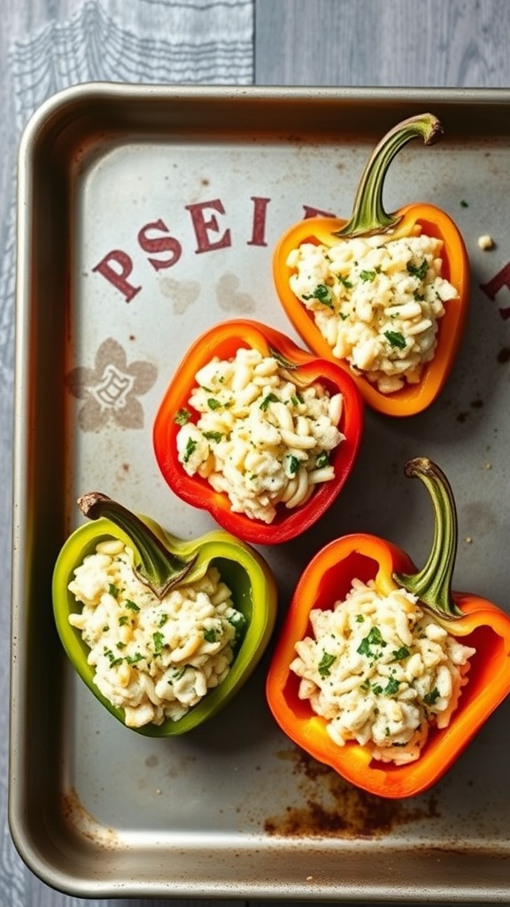 Colorful stuffed bell peppers with a cauliflower rice filling.