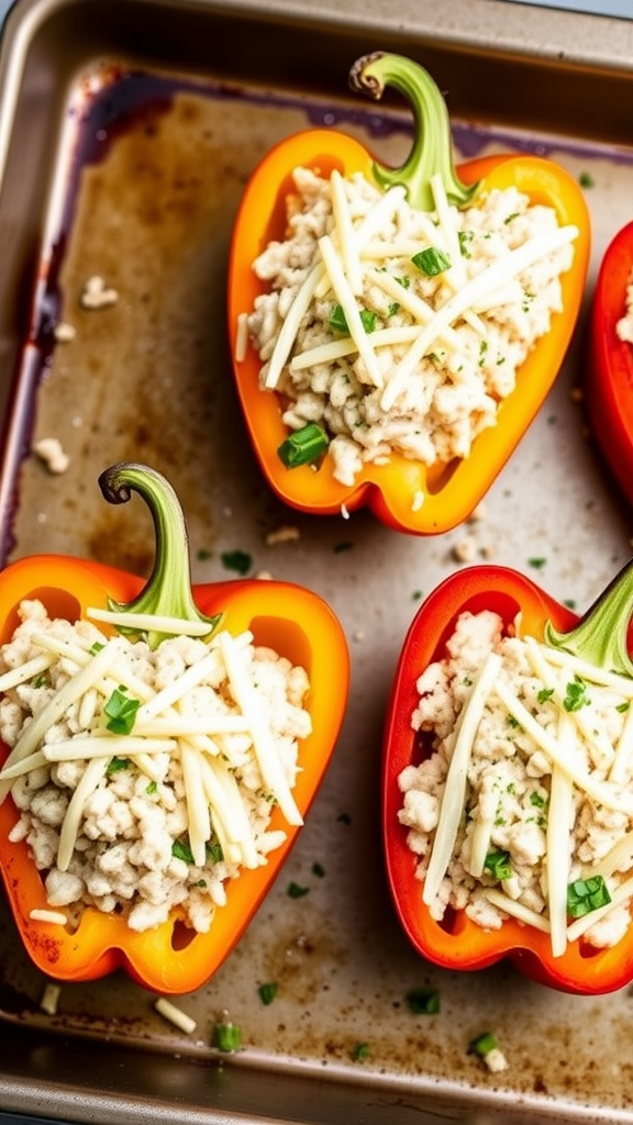 Four colorful stuffed bell peppers filled with cauliflower rice on a baking tray.