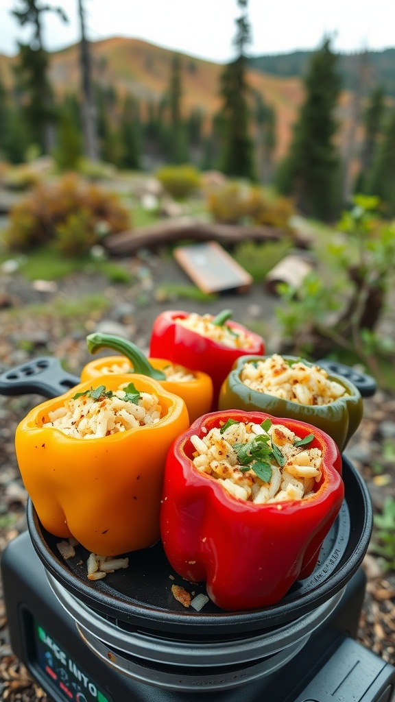 Colorful stuffed bell peppers on a portable stove in a camping setting.