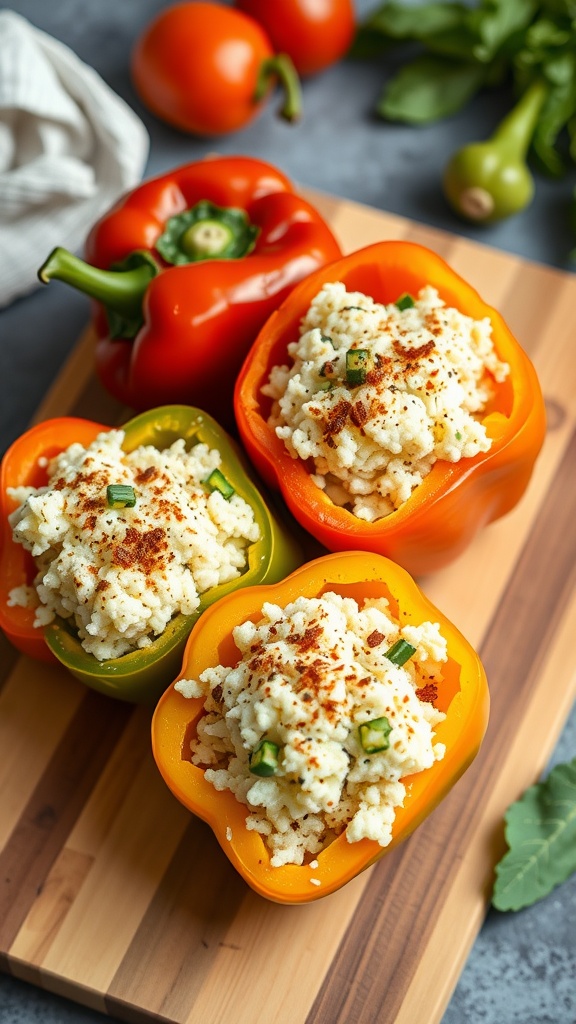 Colorful stuffed bell peppers with cauliflower rice on a wooden cutting board.