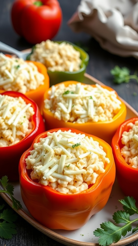 Colorful stuffed bell peppers filled with cauliflower rice and cheese.