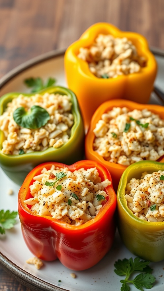 Colorful stuffed bell peppers filled with cauliflower rice and herbs.