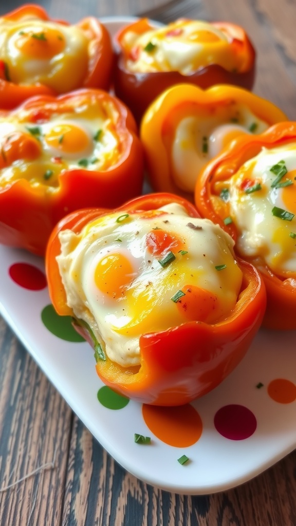 Colorful stuffed bell peppers with egg and cheese, garnished with herbs, on a plate.