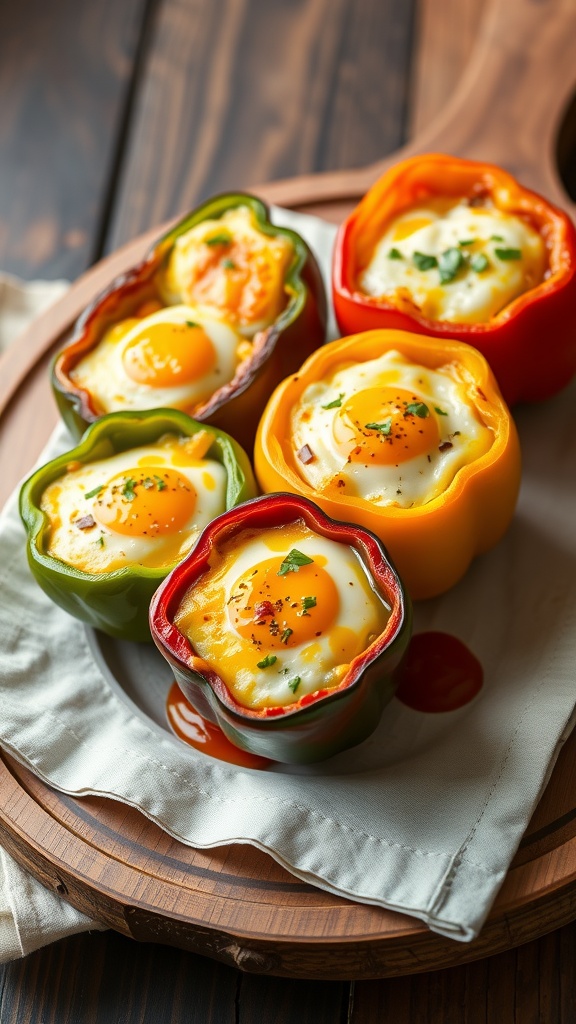 Stuffed bell peppers filled with eggs and cheese on a wooden platter.