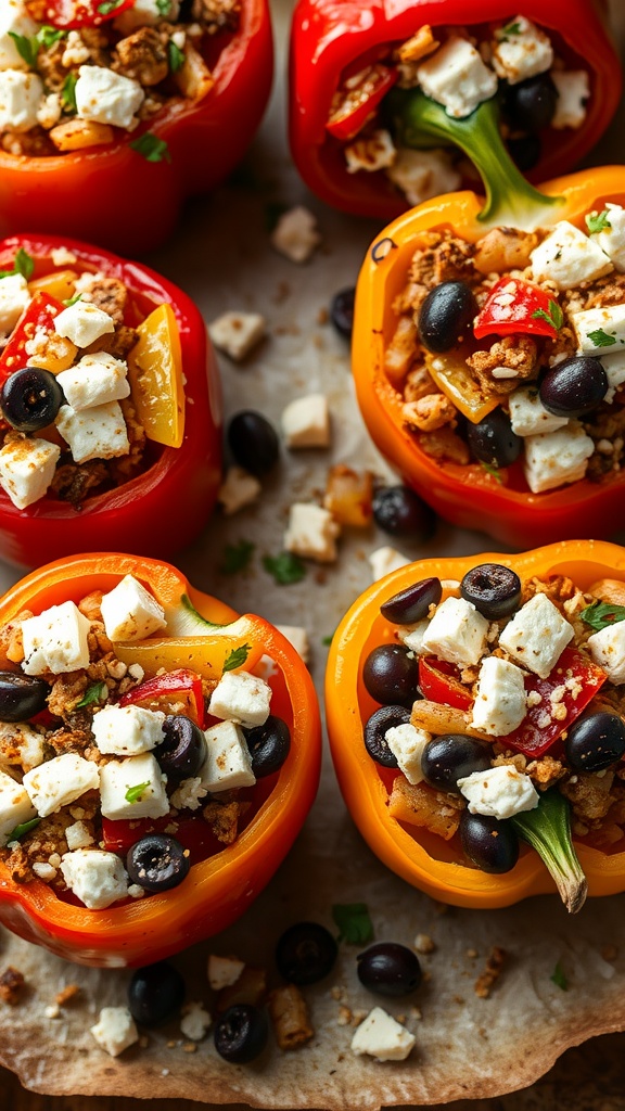 Colorful stuffed bell peppers filled with feta cheese, olives, and vegetables on a baking tray