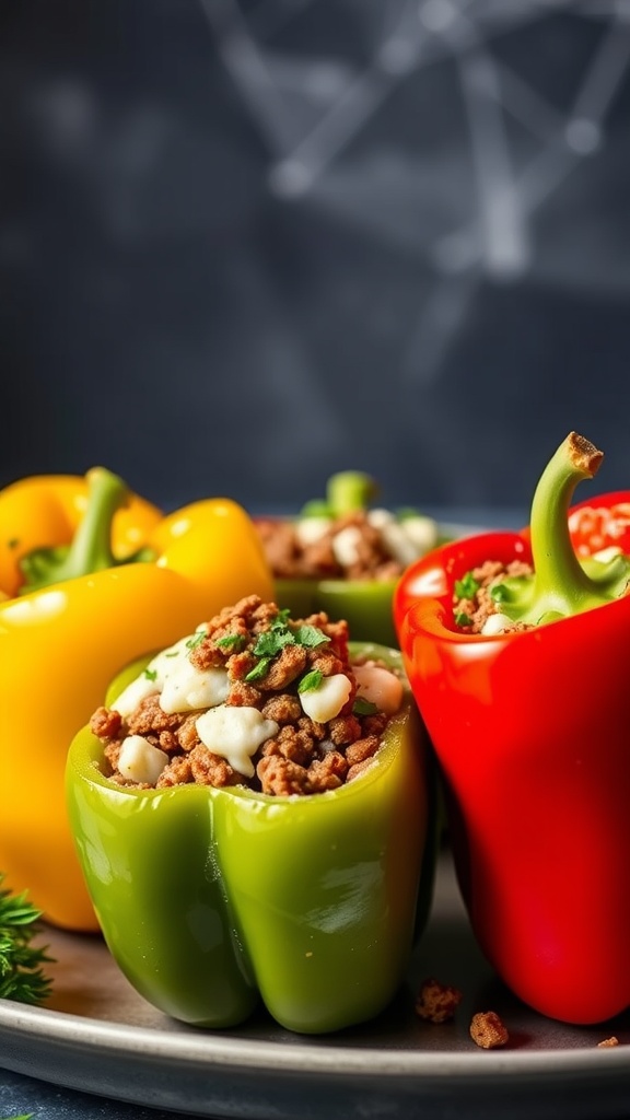 A dish of stuffed bell peppers filled with ground beef, cheese, and herbs.