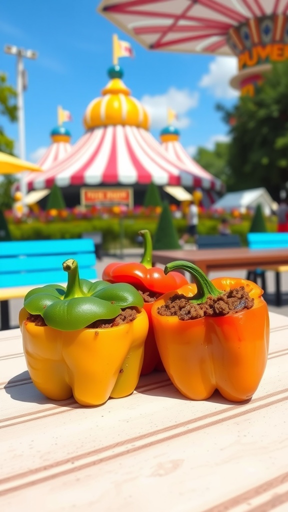 Colorful stuffed bell peppers with ground beef on a table at a theme park.