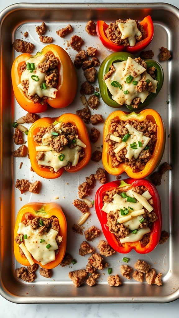 A tray of stuffed bell peppers filled with ground beef and cheese.