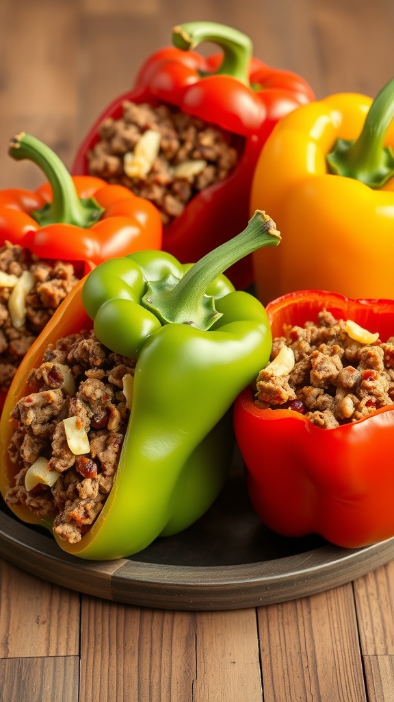 Colorful stuffed bell peppers filled with ground beef and spices.