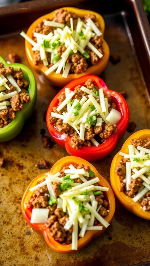 Colorful stuffed bell peppers filled with ground beef and topped with cheese, displayed on a tray.