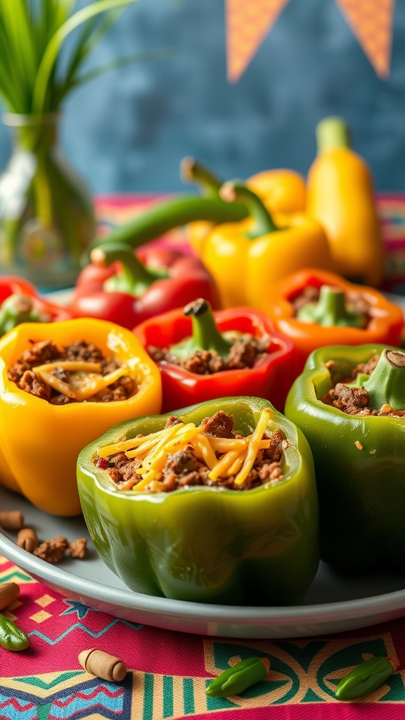 Stuffed bell peppers with ground beef and cheese on a vibrant table