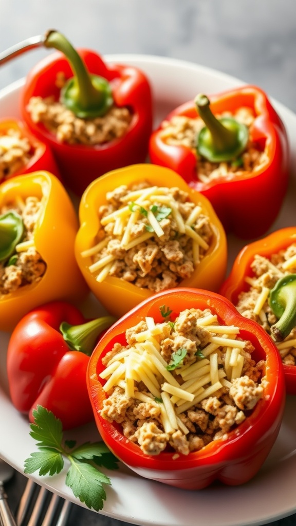 Colorful stuffed bell peppers filled with ground turkey and cheese on a plate.