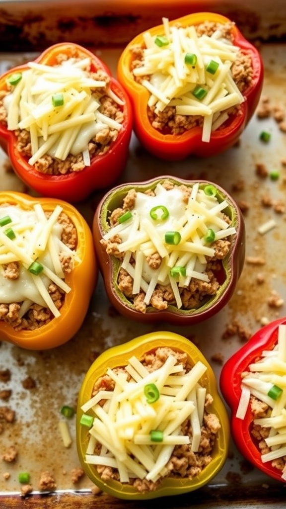 Stuffed bell peppers with ground turkey filling in a baking dish