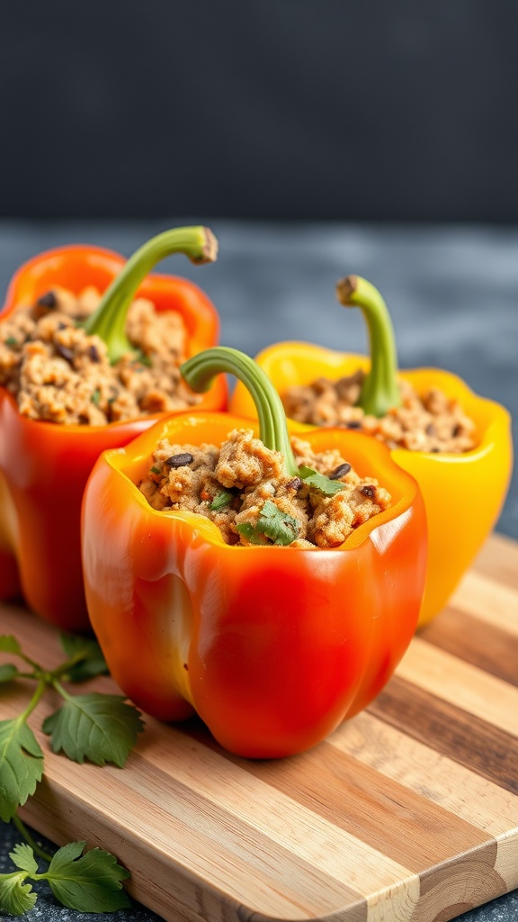 Stuffed bell peppers filled with ground turkey on a wooden cutting board